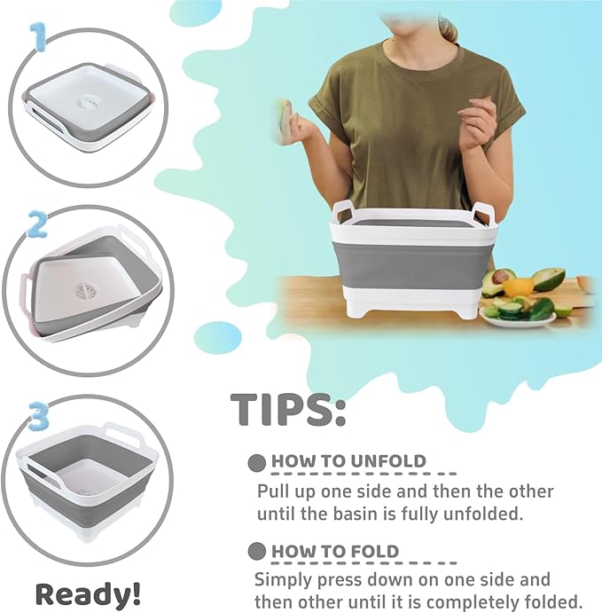 Collapsible Wash Basin for Baby Bottles - 2.4 Gallons Portable Wash Bin for RV Camping Sink, Space-Saving Dish Tub (Gray)