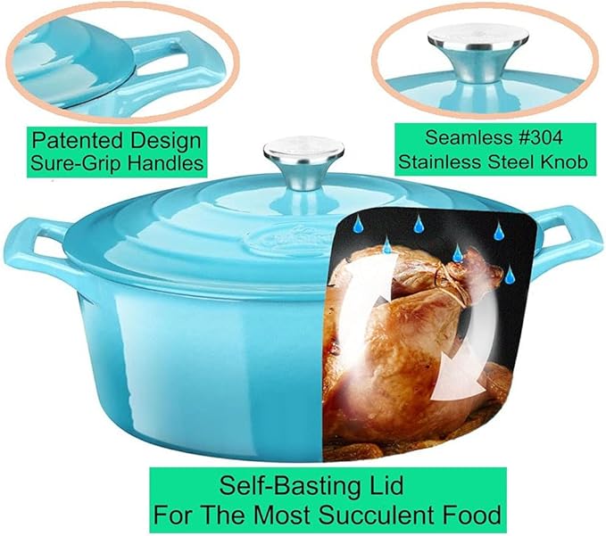 La Cuisine Enameled Cast Iron Oval Dutch Oven Casserole Pot with Lid 5 QT Internal Matte Black Enamel for bread baking, 2-ton Teal Enamel Coating Finish Exterior,Oven Safe up to 500° F