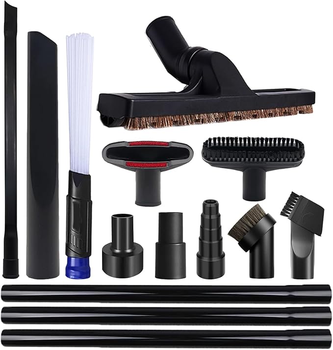 14 PCS Universal Vacuum Attachments & Brushes Kit for Shop Vac Accessories & Household Cleaning, Includes 2 1/2" to 1 1/4" and 1 7/8" to 1" Vacuum Hose Adapter,Crevice Tool & 3 Vacuum Extension Wands