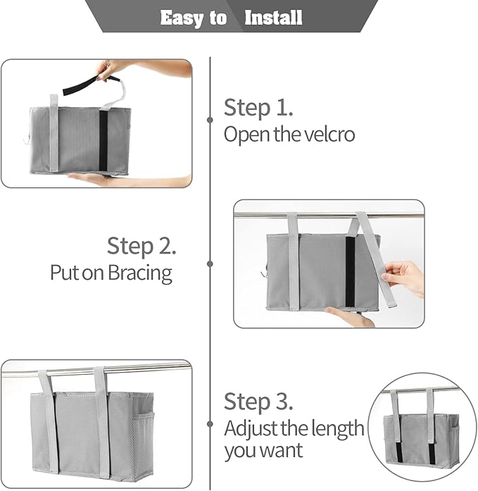 Bunk Bed Organizer, Bedside Caddy Hanging Bed Organizer Storage Bag with 4 Pockets and 2 Hooks, for College Dorm Rooms Bed, Hospital Bed, Baby Bed Rails, 600D Oxford Cloth (Gray)