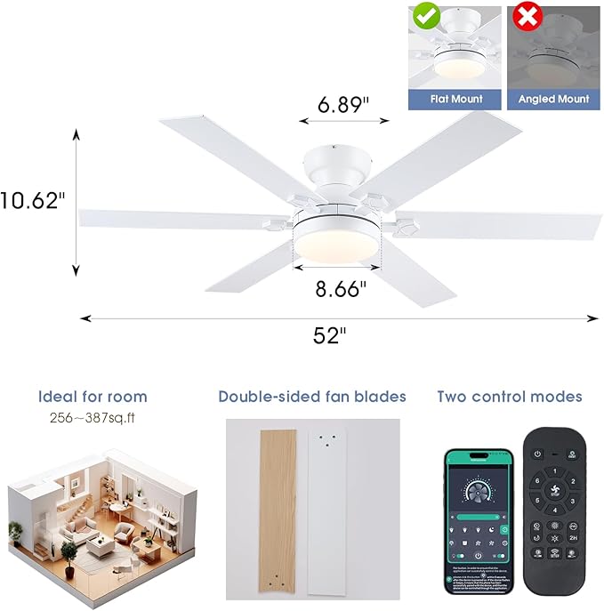 52" Low Profile Ceiling Fans with Lights and Remote, Modern Indoor Ceiling Fans with 3 Colors 6 Speeds, White Flush Mount Ceiling Light Fans for Bedroom