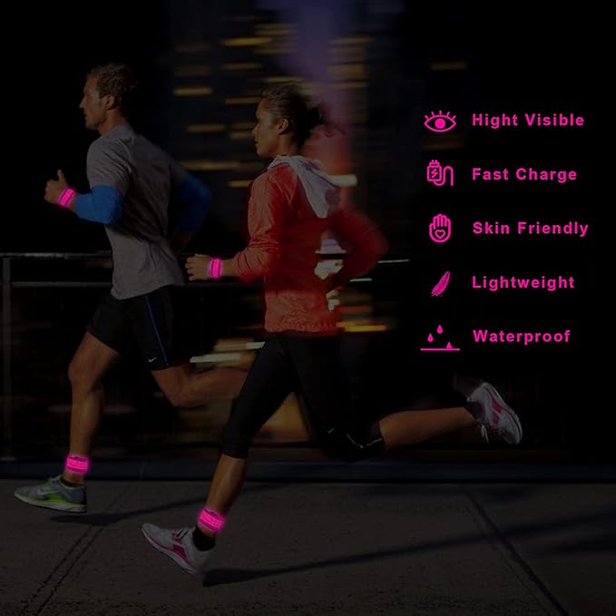 LED Safety Wristband Lights - Rechargeable Light Up Arm Ankle Band Kids Magic Slap Glow Bracelets Reflective Belt High Visibility for Night Cycling Walking Joggers Running Gear