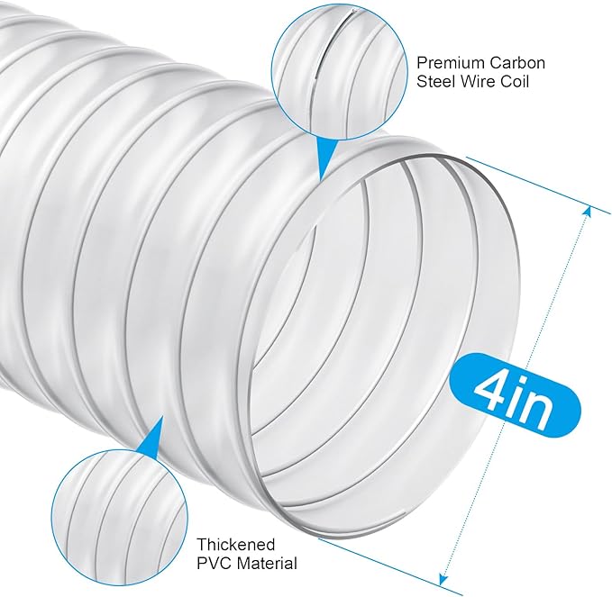 4" x 50' Heavy PVC Dust Collection Hose,Flexible Clear Debris and Fume Collection Hose with Stainless Steel Hose Clamps for Dust Collectors with 4" Ports, Ideal for Shop Vacuums