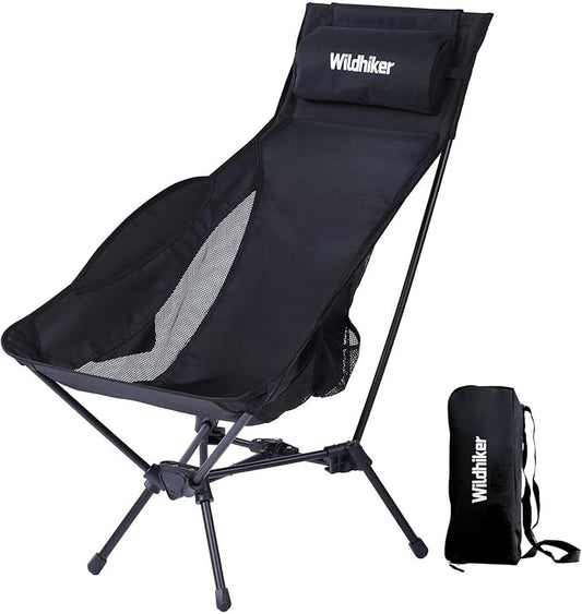 Wildhiker Portable Compact Folding Camping Chairs – Lightweight High Back with Pillow, Deep Recline, ArmPads, Side Pockets-for Motorcycle, RV, Backpacking,Travel，Festival – Black