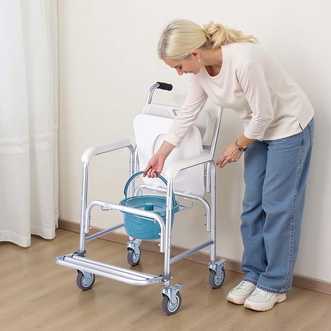VEVOR Bedside Commode Chair with Wheels, 350 lbs Capacity, 4-in-1 Portable Toilet and Raised Toilet Seat with Padded Seat/Backrest/Flip-up Footrest, Detachable 5L Bucket, Shower Wheelchair for Seniors
