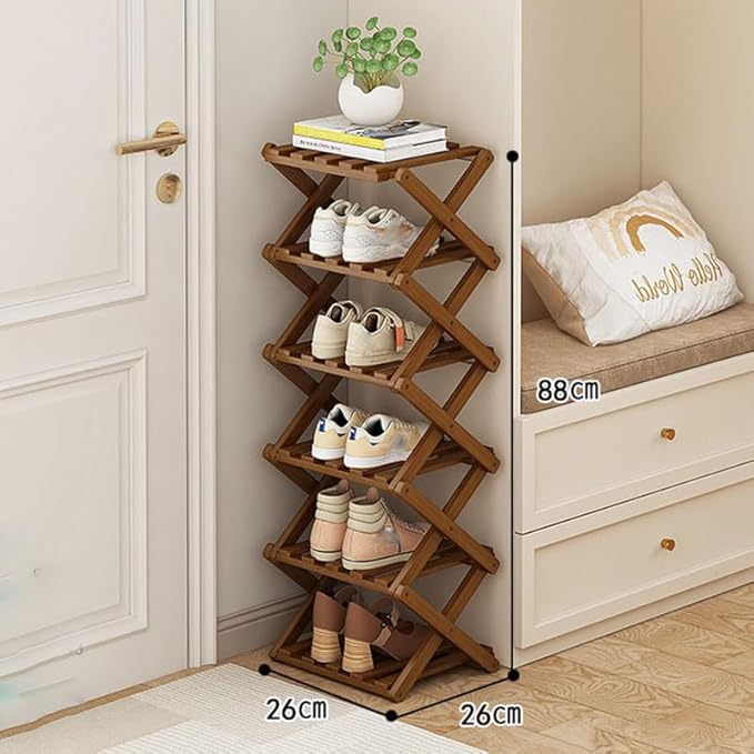 YYW Bamboo Shoe Rack for Entryway,Installation-Free and Foldable Vertical Shoe Storage Organizer,Free Standing Shoe Racks Shelf Closet Shoe Organizer for Living Room (Tawny-6 Layers)