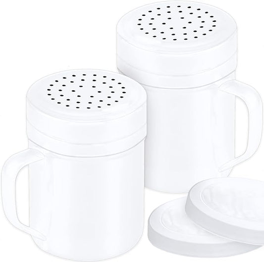 CUSINIUM 10oz White Stainless Steel Salt Pepper Dredge Shakers - With Plastic Cap - With Handle - Pack of 2