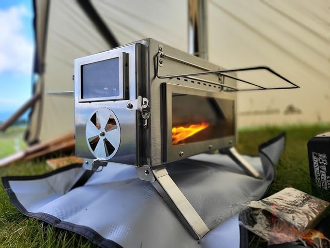 Portable Camping Wood Stove with View Glass and Cooking Function, 8 Stainless Steel Chimneys for Shelter, Hunting, Outdoor Cooking, and Heating (304 Stainless Steel)