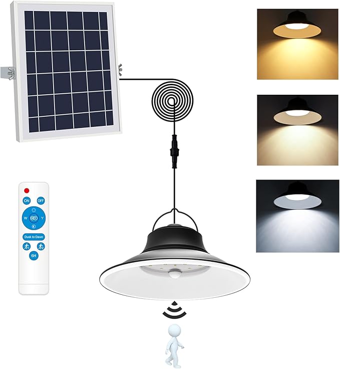NIORSUN Solar Pendant Light, Upgraded Motion Sensor Light Outdoor Solar Lights Indoor Dimmable with Remote 3000K/4500K/6000K, 16.4ft Cable IP65 Waterproof for Shed, Barn, Gazebo, Patio(1 Pack)