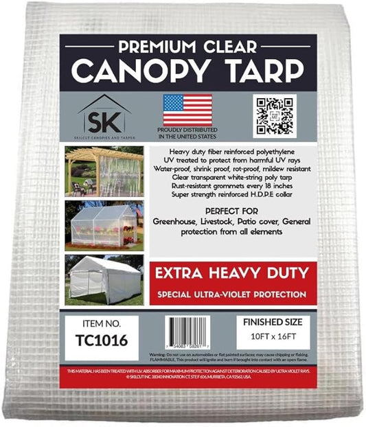 16 Mil Clear Poly Heavy Duty Tarp with Fiber Reinforcement - True Size Tarps with UV Protection, Tear Resistance, Flexibility, Reinforced Corners 10x16