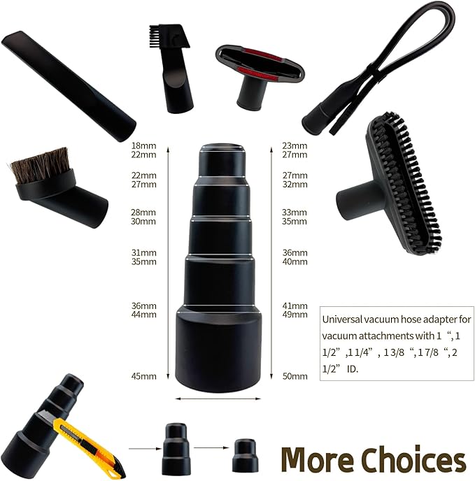 13-Piece 1 1/4 Inch Shop Vac Attachments Cleaning Kit With Vacuum Floor Brush/Dryer Lint Vac Attachment/Flexible Crevice Tool (Hose Adapters for 1 1/4" to 2 1/2"Hoses)