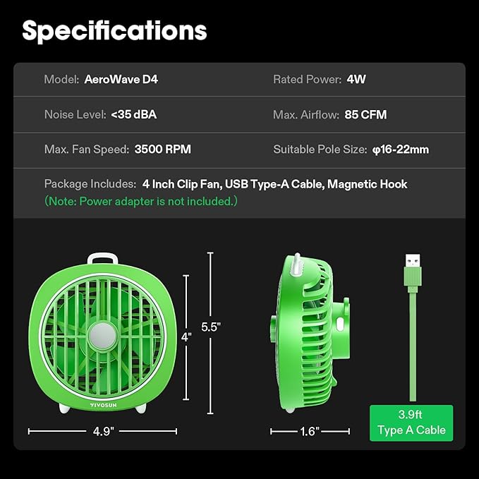 VIVOSUN AeroWave D4, 4” Grow Tent Clip Fan with Magnetic Hook, 3-Speed Strong & Quiet Airflow, Adjustable Airflow Angle for Hydroponics, Circulation & Cooling, Green, 1-Pack