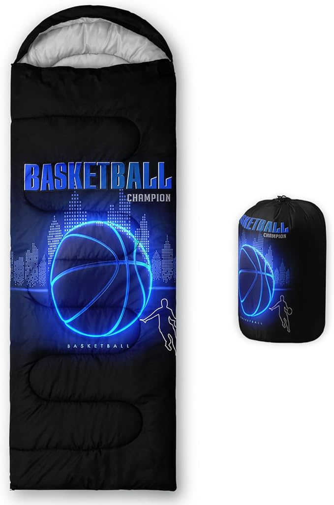 AILONEN Blue Glowing Basketball Sleeping Bag for Kids Boys,Warm and Cool Weather,Lightweight,Waterproof Backpacking,City Theme Ball Sports Sleeping Bag for Camping