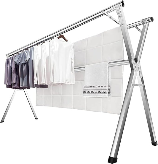 JAUREE 63 Inches Clothes Drying Rack, Drying Rack Clothing Folding Indoor Outdoor, Heavy Duty Stainless Steel Laundry Rack, Foldable Portable Large Clothes Rack Garment Rack with 20 Windproof Hooks