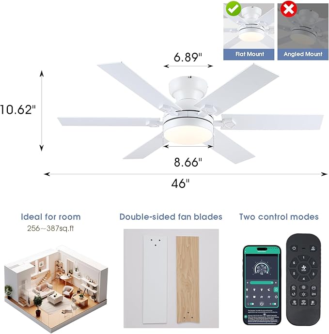 46" White Low Profile Ceiling Fans with Lights,Modern Flush Mount Ceiling Fans with Reversible DC Motor,Dimmable 3 Colors 6 Speeds