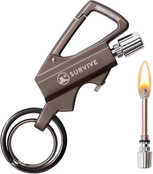 SURVIVE Permanent Match Bottle Opener Metal Keychain, Reusable Survival Fire Starter Lighter, Emergency Waterproof Striker Stick Kit