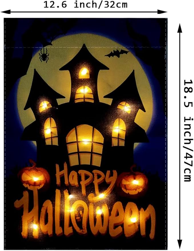 Happy Halloween Garden Flag LED Lighted Vertical Double Sided Garden Flag Halloween Castle Holiday Farmhouse Outdoor Yard Lawn Decoration 12.5 x 18 Inch