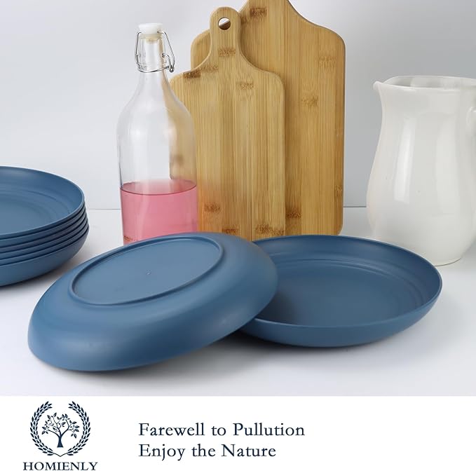 Homienly Dinner Plates Set - Alternative to Plastic, Wheat Straw - Set of 8, Lightweight, Microwave & Dishwasher Safe, Unbreakable Salad Plates (Blue, 10 inch)