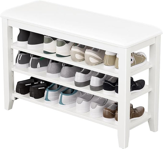 Entryway Shoe Storage Bench with Leather Cushion, Shoe Organizer Bench for Entryway, Ideal for Hallways Front Doors Entrances Mudrooms Featuring Rubberwood And 3 Height-Adjustable & Removable Shelve