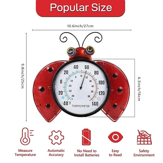 Indoor Outdoor Thermometer, Ladybug Wall-Mounted Thermometer Waterproof for Patio Garden Yard & Living Room, No Battery Needed