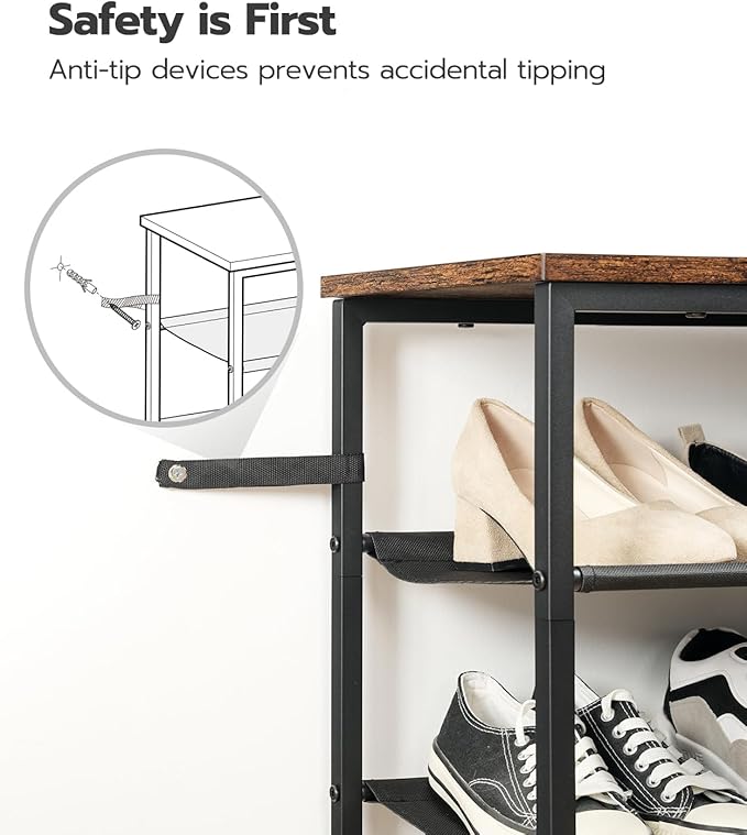 HOOBRO Shoe Rack, 4 Tier Shoe Storage Organizer with 3 Oxford Fabric Shelves and Top Panel, Holds 12-16 Pairs of Shoes for Entryway and Closet, Industrial, Rustic Brown BF47XJ01G1