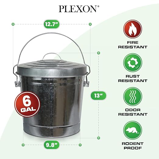 Plexon Metal Trash Can with Locking Lid Outdoor Storage Bucket for Bird Seed Ash 6-Gallon Galvanized Steel 3 Pack