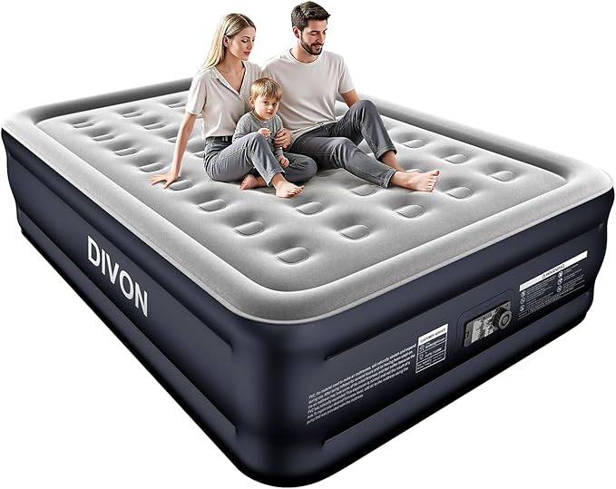 DIVON Queen Air Mattress with Built in Pump Raised, 2 Min Self Inflatable Mattress, 18’’ Blow up Mattress for Adults, 660 LBS Portable Air Bed for Guest, Camping, Travel & Floor, Dark Blue