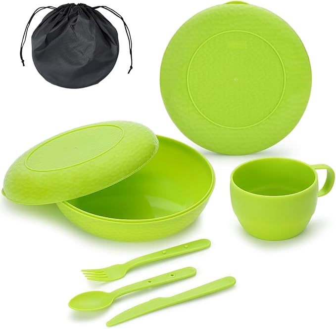 Berglander Camping Mess Kit with Bowl, Plate, Cup, Spoon, Fork, Knife and Carry Bag, Save Space, Easy to Carry, Plastic Camping Essentials Utensils for Travel, Picnic, Outdoor (Green)