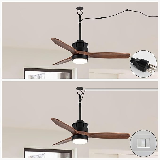 EKIZNSN 32“ Wet Rated Ceiling Fans with Lights Outdoor Hanging for Gazebo Waterproof, DC Motor w 3 Reversible Walnut Wood Blades, Walnut