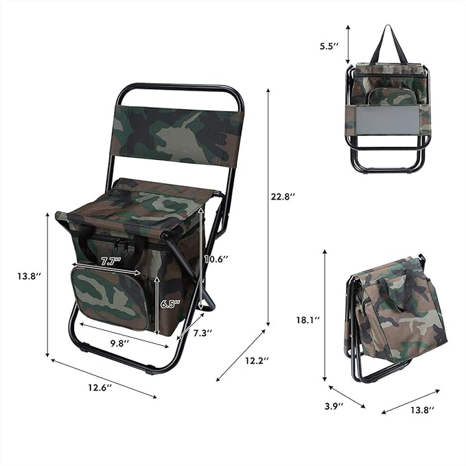 LEADALLWAY Fishing Chair with Cooler Bag Compact Fishing Stool Foldable Camping Chair