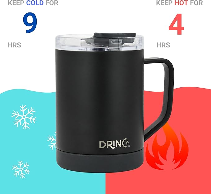 Drinco 16 oz Coffee Mug, Vacuum Insulated Camping Mug with Lid, Double Wall Stainless Steel Travel Mug Insulated Tumblers Coffee Mugs Coffee Cups Tea Cup (16oz Black)