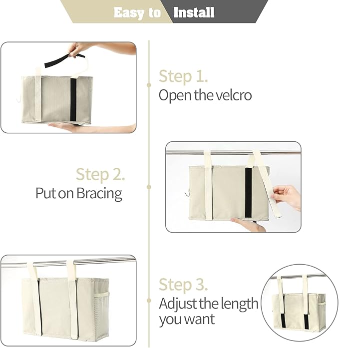 Bunk Bed Organizer, Bedside Caddy Hanging Bed Organizer Storage Bag with 4 Pockets and 2 Hooks, for College Dorm Rooms Bed, Hospital Bed, Baby Bed Rails, 600D Oxford Cloth (Beige)