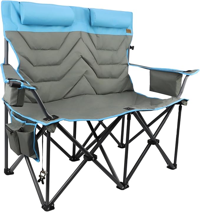 Folding Camping Chair - Oversize Camping Chairs for Adults, 2 Seat Folding Chair Support 650lbs with Pillows & Cup Holders & Cooler Bags- Heavy Duty Chair for Sports Garden Beach Fishing(Bluegray)
