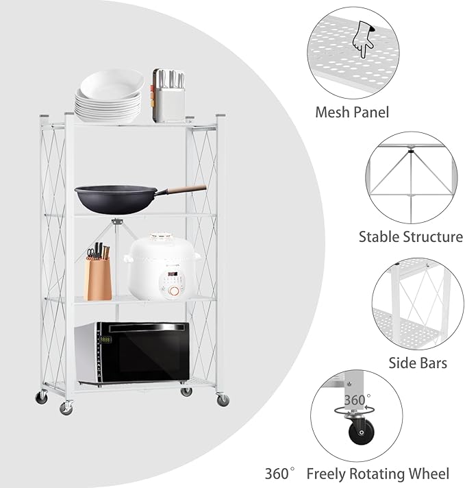 4 Tier Foldable Storage Shelf with Wheels, Heavy Duty Folding Shelf Loads 600 LBS, Metal Steel Collapsible Shelves, Rolling Standing Utility Rack for Kitchen, Pantry, Office, White