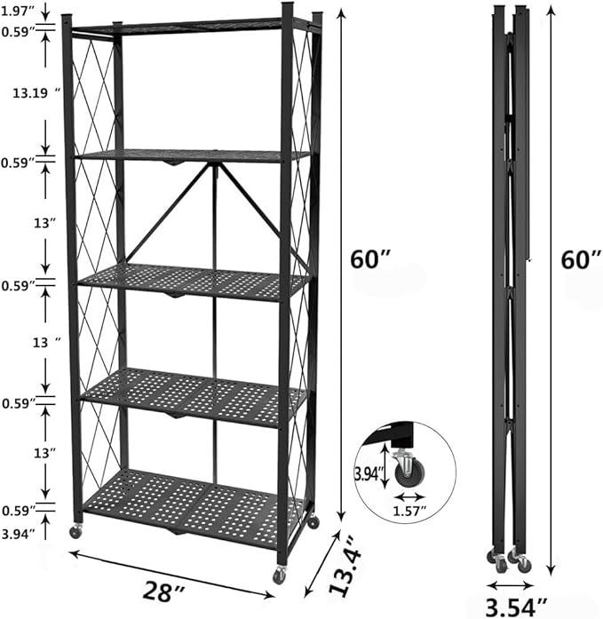 5 Tier Folding Shelf with Wheels,Metal Steel Collapsible Shelves,No Assembly Portable Shelves Organizer Rack,Rolling Standing Utility Rack for Kitchen, Pantry, Office, Black