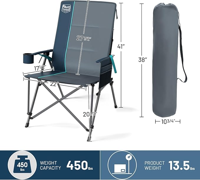TIMBER RIDGE Oversized Camping Chair with Lumbar Support, Portable Folding Chair Heavy Duty for Adults Supports 450 LBS for Outdoor Camping, Lawn, with High Back, Cup Holder, Side Pocket - Blue