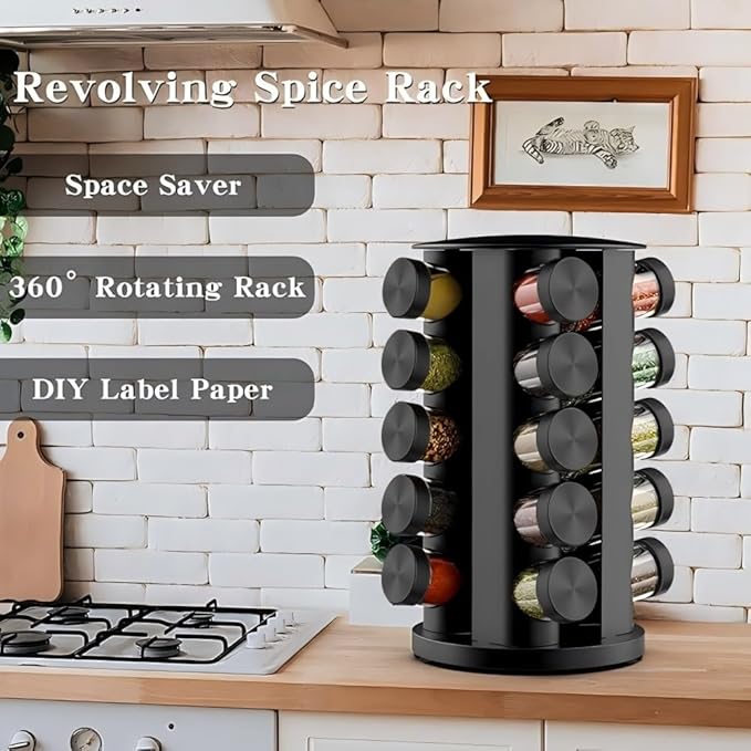 Rotating Spice Rack Organizer for Cabinet, Spice Racks Storage with 20 Jars, Spinning Spice rack for Kitchen Countertop, Spice Holder,Seasoing Storage Racks,Black