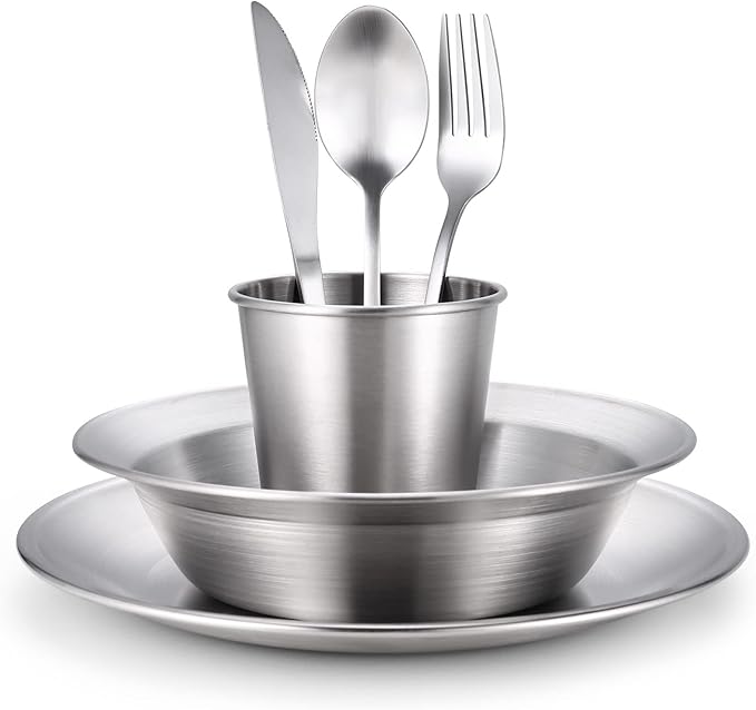 Odoland Camping Complete Messware Kit, Polished Stainless Steel Camp Dinnerware, Camping Cooking Tableware, Cutlery Organizer Utensil with Plates and Bowls Set for Backpacking, Hiking, Picnic Picnic.
