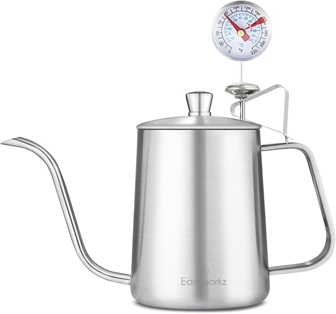 Easyworkz Gage Gooseneck Pour Over Coffee Kettle 20 oz with Thermometer Stainless Steel Hand Drip Coffee Pot With Long Narrow Spout, Silver