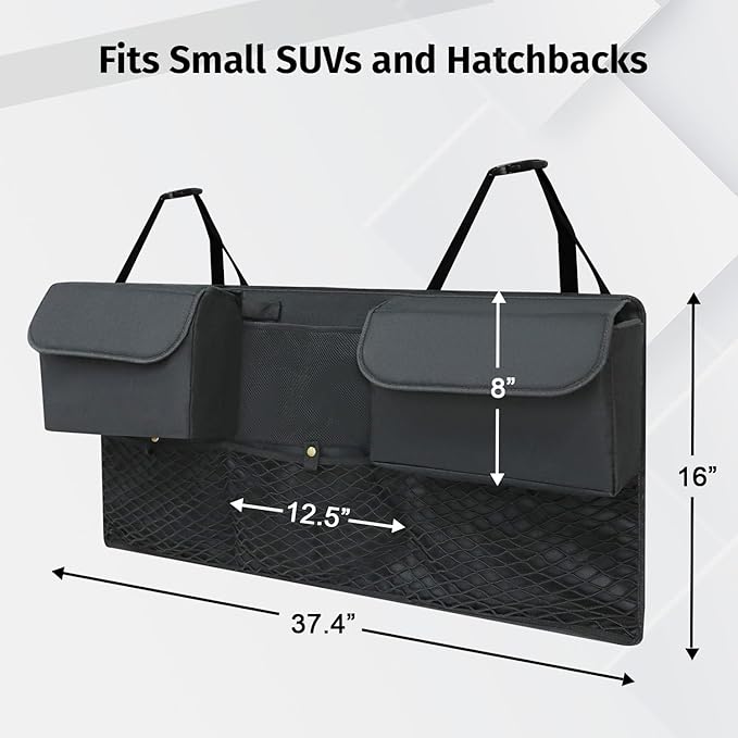 Deluxe Trunk Organizer for Car Small SUV, Backseat Hanging Trunk Organizer, Waterproof Collapsible Car Storage Bag with 6 Pockets, Reinforced No-Sag Design