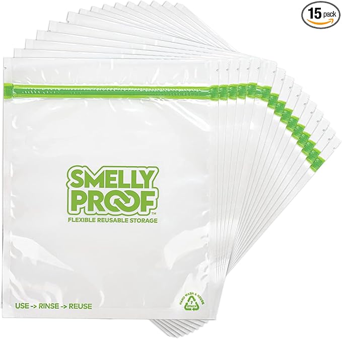 Smelly Proof Reusable Storage Bags for Food Bags - MADE IN USA, Easy Clean, Dishwasher-Safe, BPA FREE, NO PEVA, XL 3-mil Thick Bags, Extra Large Clear FLAT 10.5" x 12" GALLON 15-Pack