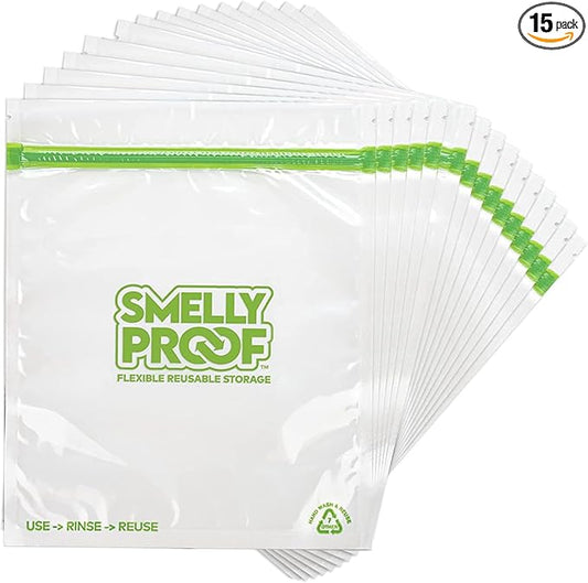 Smelly Proof Reusable Storage Bags for Food Bags - MADE IN USA, Easy Clean, Dishwasher-Safe, BPA FREE, NO PEVA, XL 3-mil Thick Bags, Extra Large Clear FLAT 10.5" x 12" GALLON 15-Pack