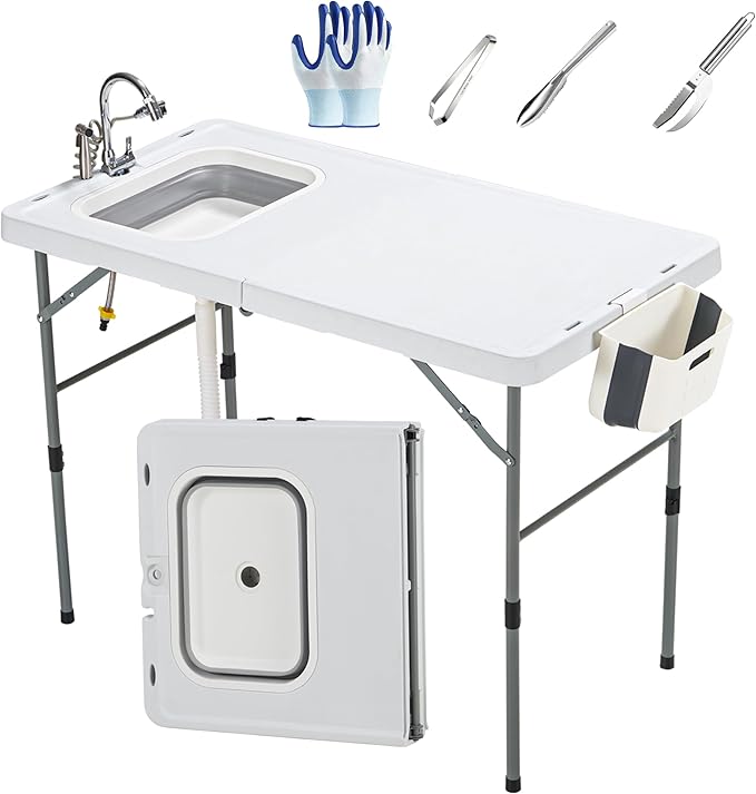 Dragosum 50" Folding Fish Cleaning Table with Foldable Sink, Outdoor Fillet Station Portable Camping Kitchen Station with Smaller Folding Volume, Larger Desktop, Fish Cleaning Kit