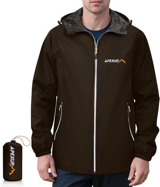 APEXUP Packable Rain Jacket Men with Reflective Zipper, Lightweight Waterproof Raincoat, Mens Rain Jacket for Outdoor Sports