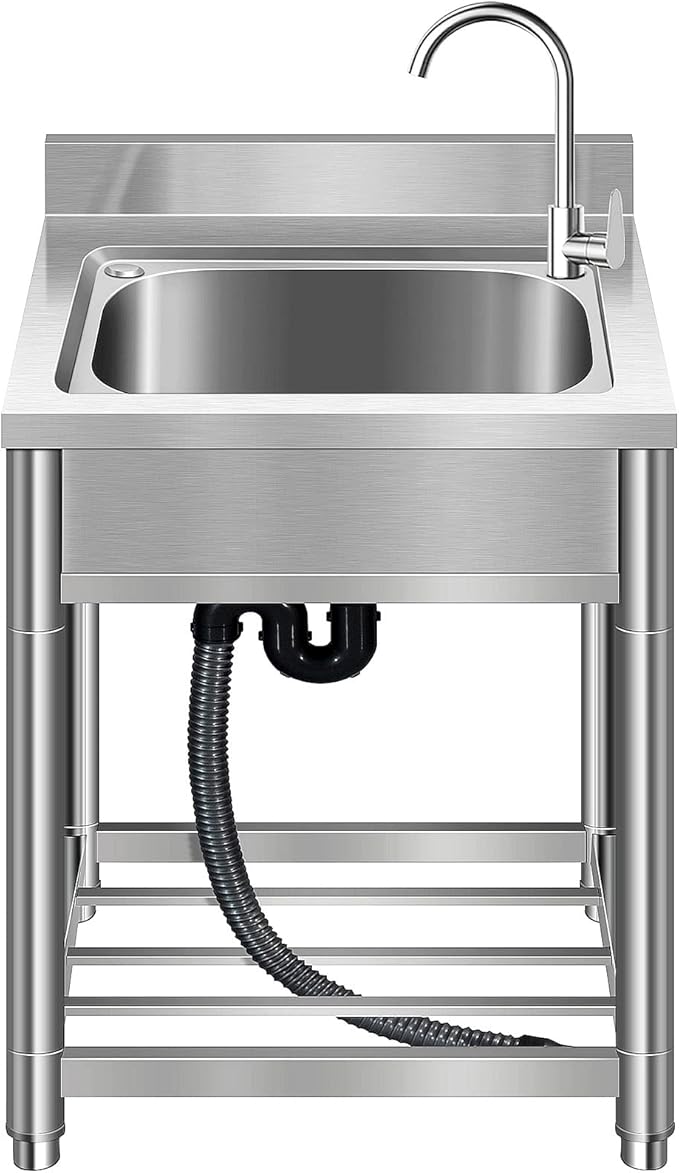 Free Standing Stainless-Steel Single Bowl Commercial Restaurant Kitchen Sink Set w/Faucet, Prep & Utility Washing Hand Basin w/Storage Shelve, laundry tub for Indoor Outdoor (22in)