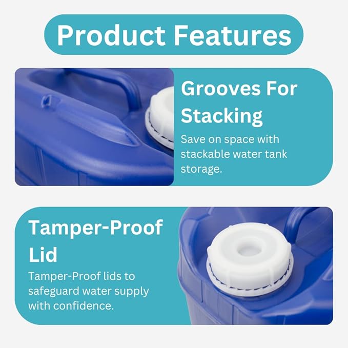 5-Gallon Stackable Water Storage Containers, 5 Gallons Tanks w/2 Lids + 1 Spigot, Easy Fill, Survial Supply Emergency Water Storage for Camping and Disaster Preparedness, RV, (1Tank)