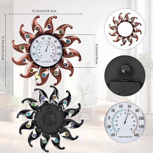VEWOGITF Sun Outdoor Thermometer, Copper Wall Thermometer No Need Battery, 13.5" Dia Metal Indoor Thermomter with Beads Decor for Patio Home Room