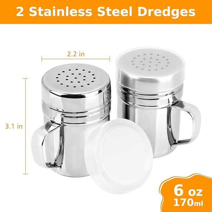 Accmor 2pcs Stainless Steel Dredge, Salt Pepper Dredge Shakers with Handle, Seasonings Spice Shakers with Lid, 6 Ounce