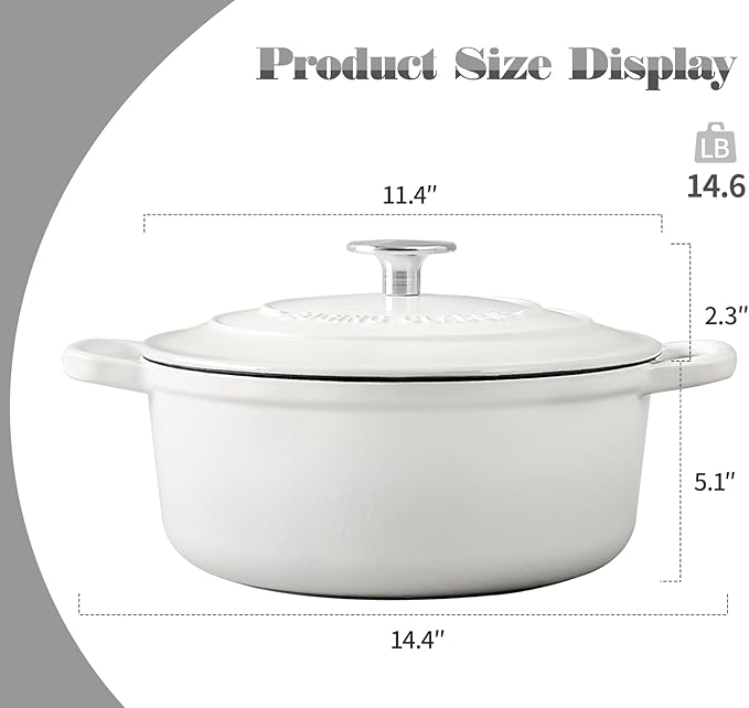 Cast Iron Dutch Oven With Lid Round Pot Enameled Covered for Bread Baking, 7 Quart, White