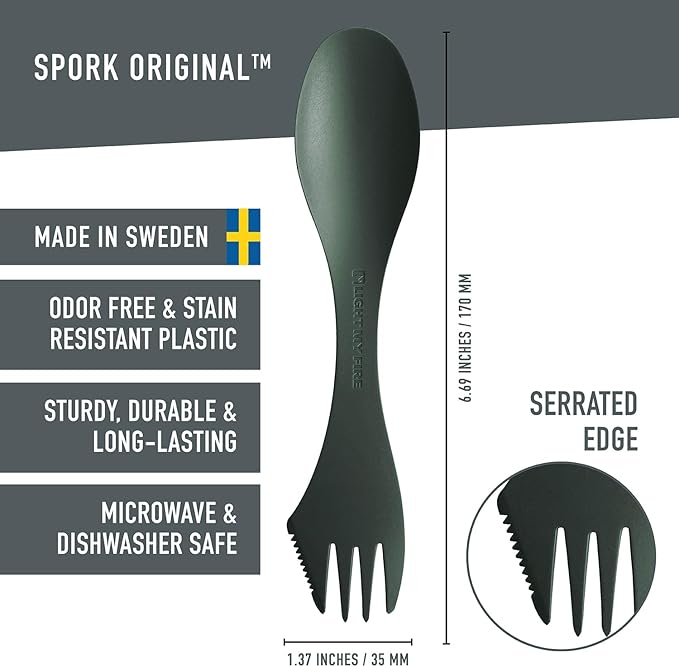 Light My Fire Spork Original 4-Pack 3-in-1 Camping Spoon Fork Knife Combo Reusable Travel & Camping Utensils Lunch Spork Outdoor Backpacking Hiking Picnic Utensil BPA Free, SageGreen